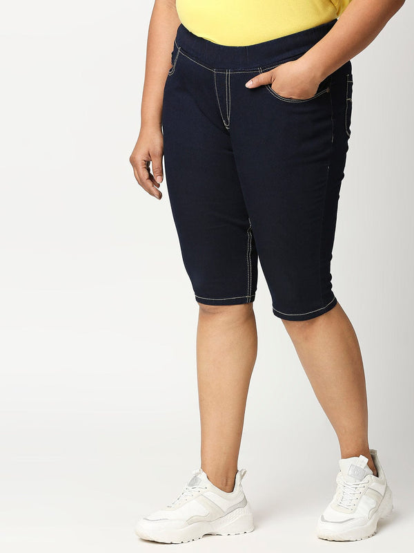 Zush Women's cotton stretchable plus size blue color Bermuda Shorts ZU7002